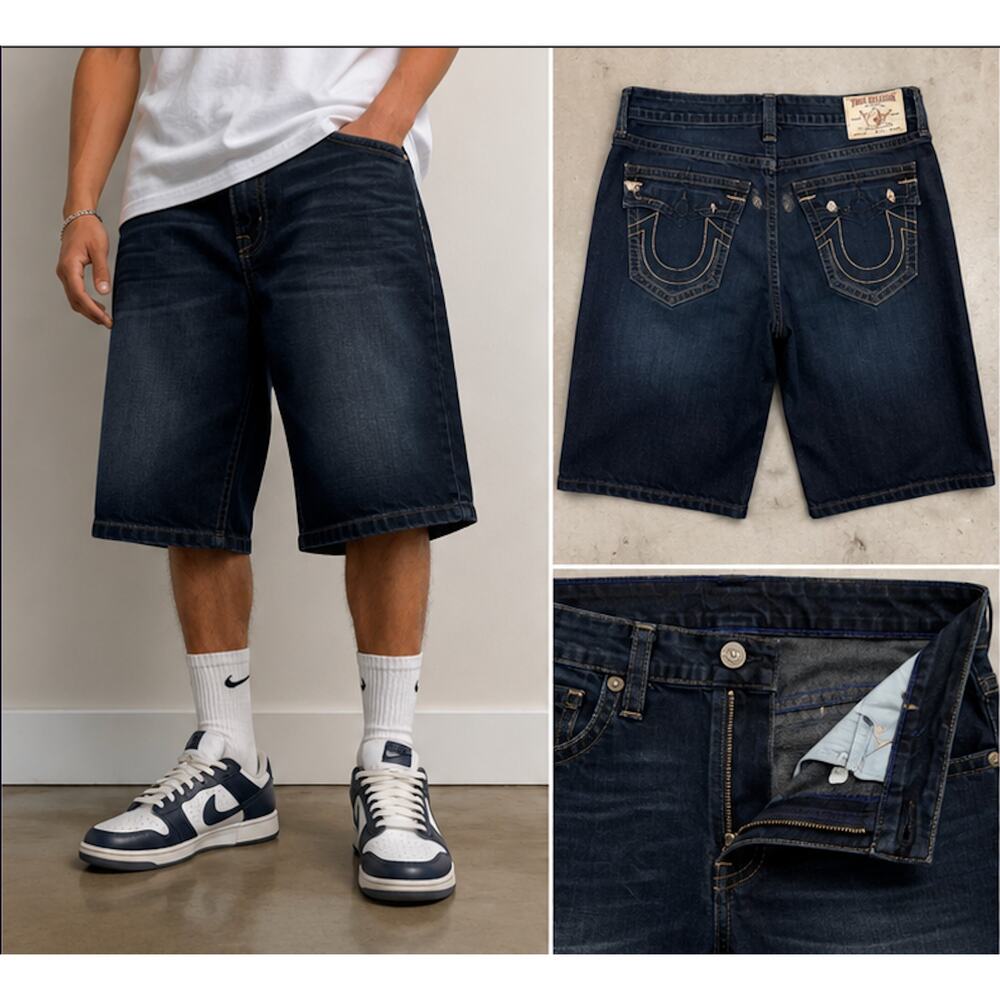 True Religion Ricky Denim Shorts Mens 38 Y2K Baggy Skater Dark Wash